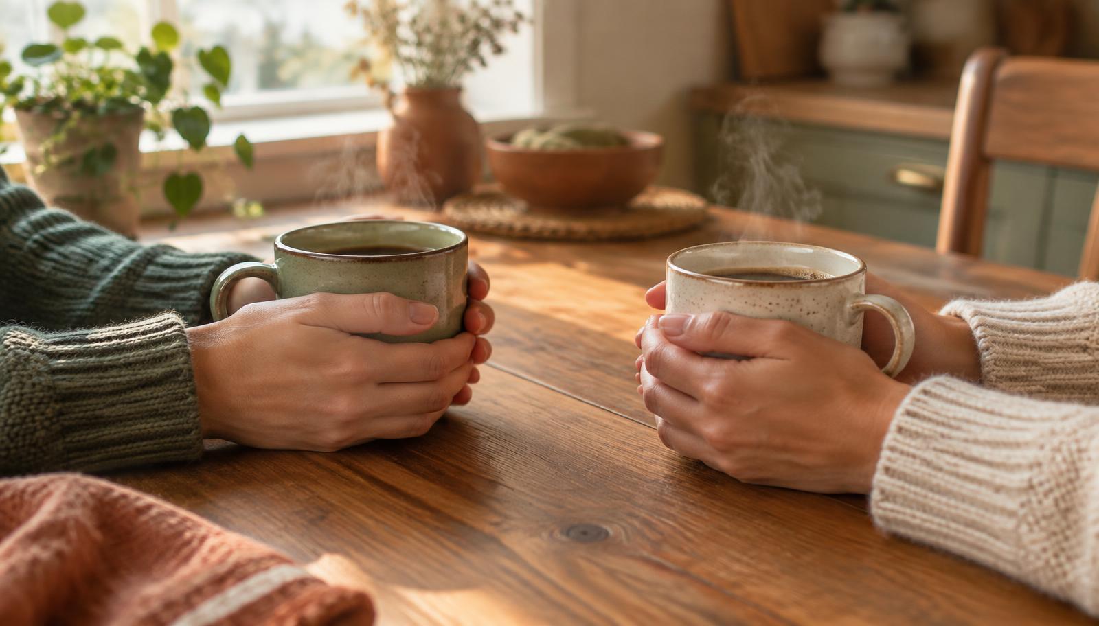 Two people holding warm mugs across a kitchen table, a quiet moment of reconnection