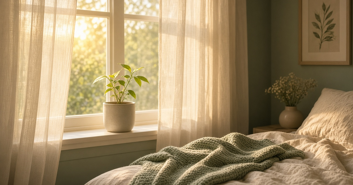 Golden morning light through sheer curtains onto a small plant on a windowsill and a sage green blanket