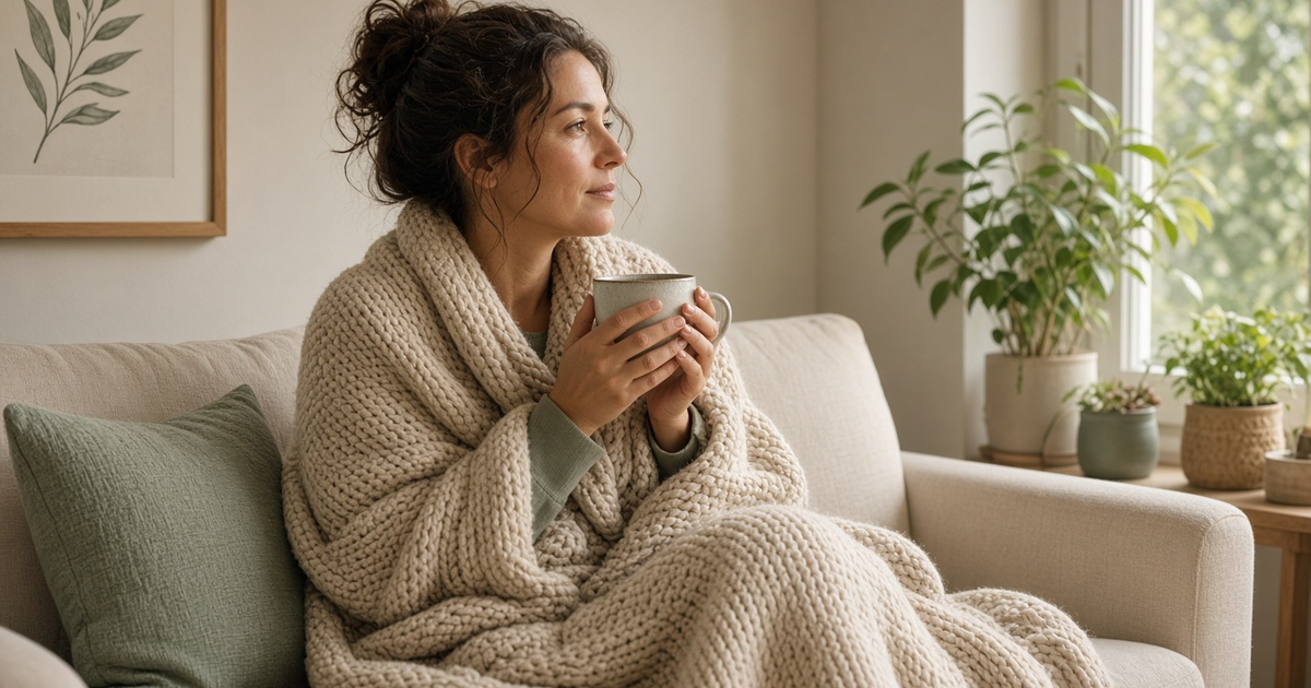 Person resting on a sofa under a soft blanket with a cup of tea, morning light through a window, in sage and cream tones