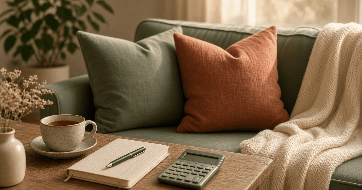 Cozy sofa with two cushions, a cup of tea, a notebook and a calculator on a wooden coffee table