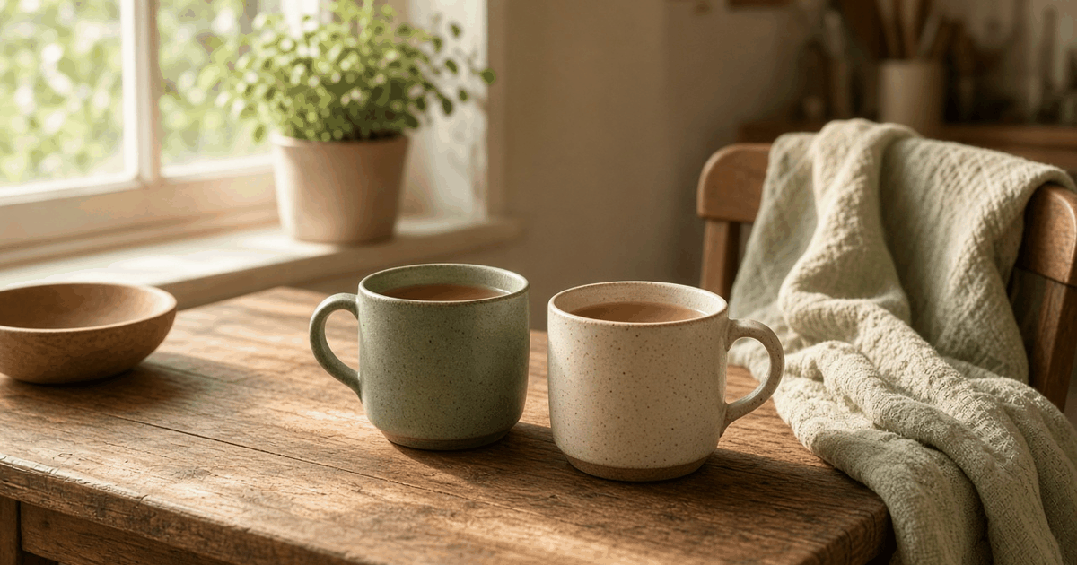 Two ceramic mugs of tea side by side on a sunlit wooden table, with a soft green throw and a small plant