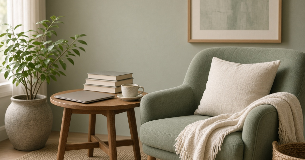 Calm reading nook with a sage green armchair, soft throw, side table with a cup of tea, books and a leafy plant