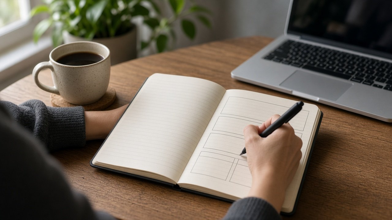 Person writing in a thought record notebook at a desk beside a laptop and coffee, practising CBT skills