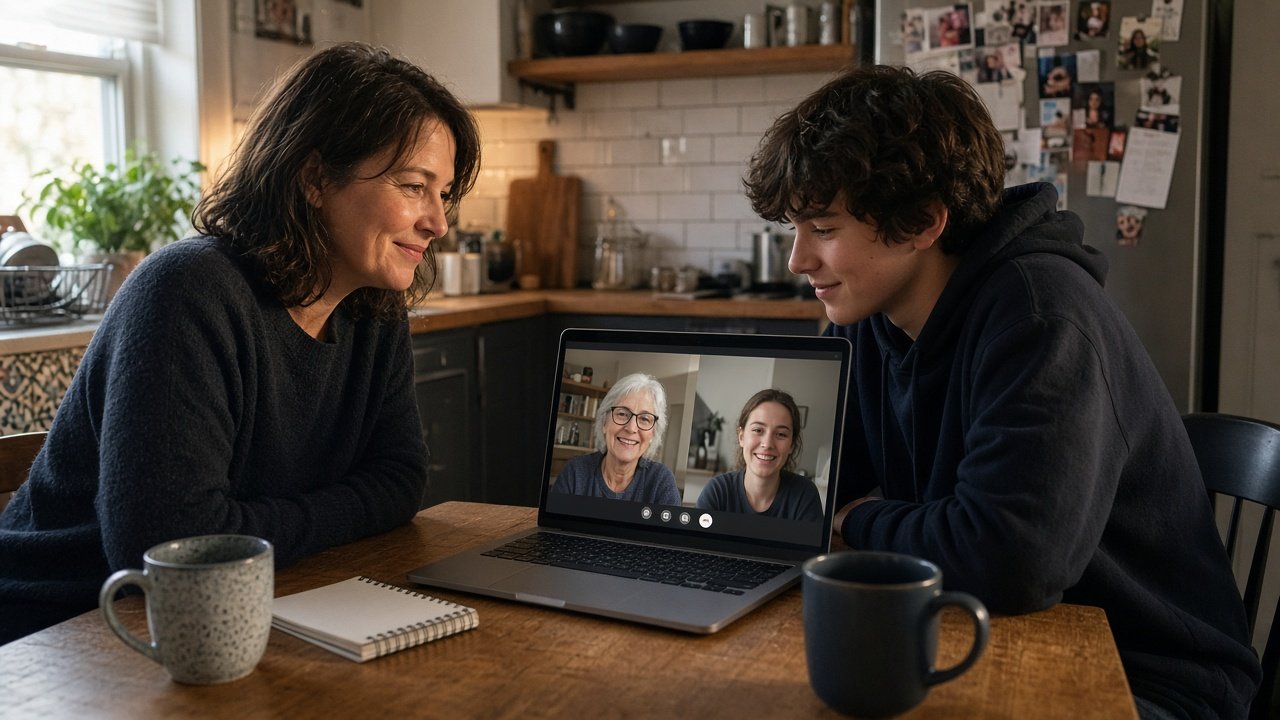 Mother and teenage son at a kitchen table during an online family therapy session on a laptop