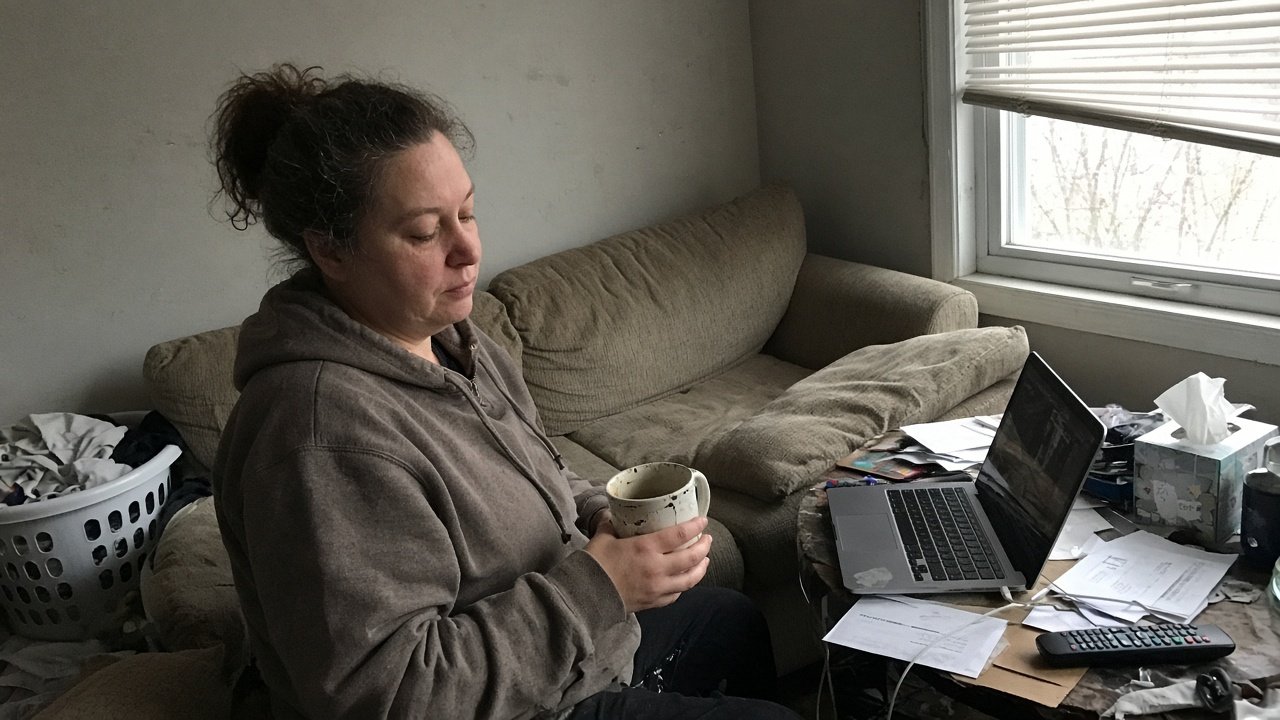 Woman at home on a sofa with a cup of tea, beside an open laptop, during an online grief counselling session