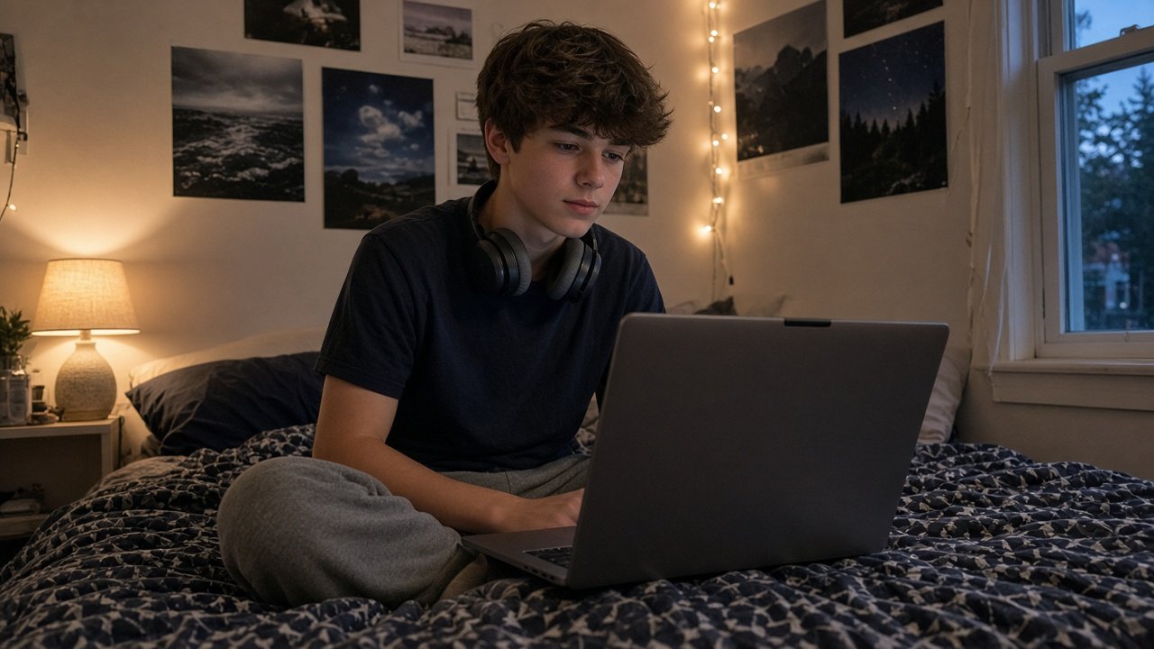 Teenager sitting on a bed at home with headphones, joining an online teen therapy session on a laptop